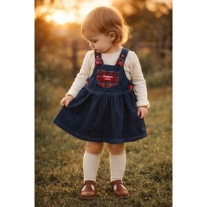 OshKosh Bgosh Vintage Girls 24M Denim Pinafore Dress Plaid Trim Made in USA Blue